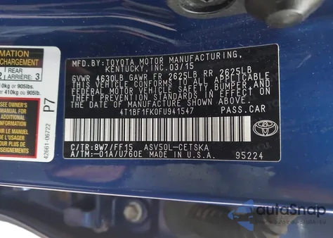 2015 Toyota Camry Se from USA, damaged, VIN 4T1BF1FK0FU941547
